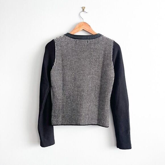 Nanette Lepore Jacket Knit Black White Zip Leather Trim Women's M Cardigan - Picture 2 of 8